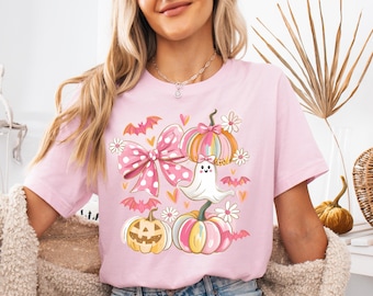 Kids Coquette Halloween Shirt, Ghost Pumpkin Bow T-Shirt, Kids Ghost Shirt, Girls Halloween  Tee,Halloween Toddler Tee,Pink Fall Pumpkin Tee