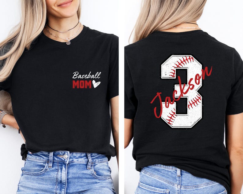 May include: Black t-shirt with the text "Baseball Mom" and a red heart on the front. The back of the shirt has a white baseball number 3 with red stitching and the name "Jackson" written in red cursive.