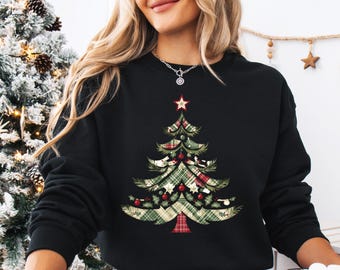 Vintage Christmas Tree Sweatshirt, Christmas Plaid Tree Sweater, Christmas Sweatshirt for Women, Holiday Party Sweater,Christmas Tree Hoodie