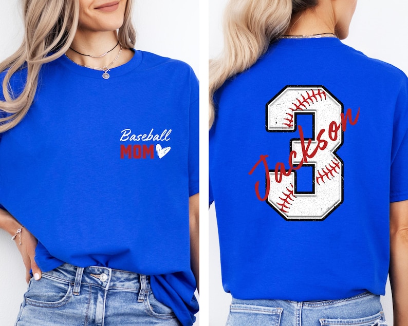 May include: Two royal blue t-shirts. One has the text "Baseball Mom" with a red heart. The other has a white baseball with red stitching and the number 3 with the text "Jackson" in red.