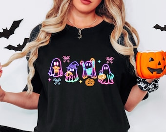 Coquette Neon Color Halloween Shirt,Halloween Ghost Shirt,Halloween Ghost Neon Shirt,Halloween Party Tee, Pumpkin Tee,Coquette Bow Girls Tee