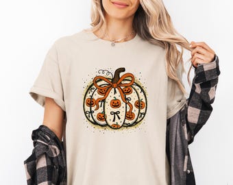 Retro Pumpkin Fall Shirt ,Pumpkin Coquette Bow Shirt ,Girls Pumpkin Fall Shirt ,Scary Pumpkin Tee, Retro Autumn Shirt, Fall Season T-Shirt