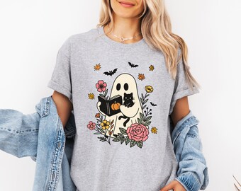 Ghost Reading Book Shirt, Retro Reading Books Shirt, Halloween Teacher Shirt, Librarian Halloween Tee ,Teacher Gift,Cute Halloween Cat Shirt