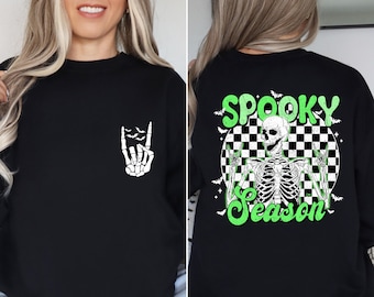 Spooky Season Neon Halloween Sweatshirt, Halloween Skeleton Sweater, Funny Halloween Hoodie, Retro Halloween Skeleton, Checkered Halloween