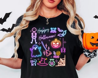 Happy Halloween Neon Shirt, Halloween Skeleton Shirt, Halloween Ghost Neon Shirt, Halloween Party Shirt, Pumpkin T-Shirt, Bats Black Cat Tee