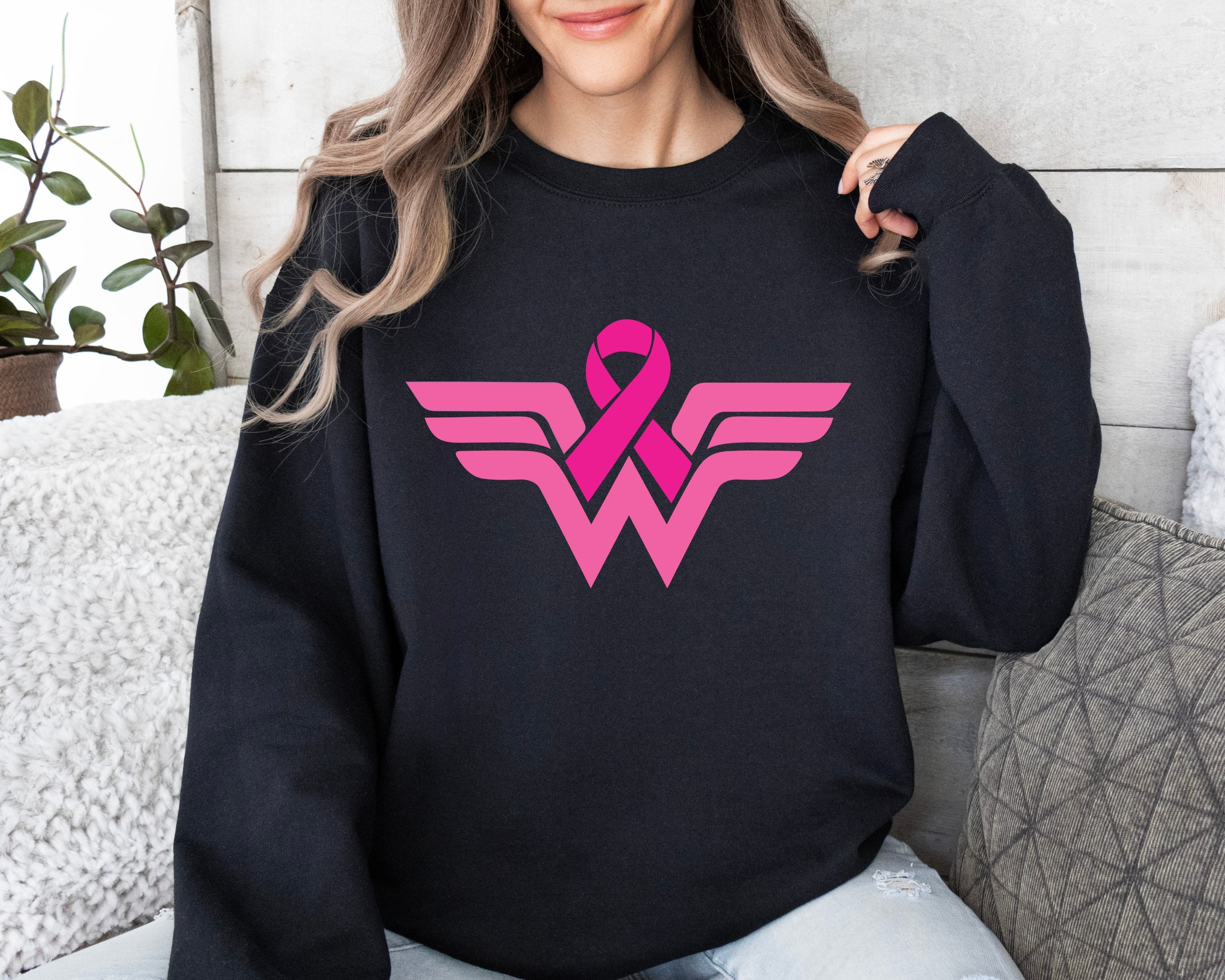Cancer Ribbon Wonder Women Sweatshirt, Breast Cancer Awareness Sweater, Breast Cancer Sweatshirt, Pink Ribbon Hoodie ,Cancer Warrior Sweater
