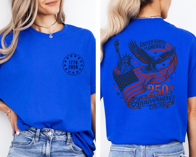 Pode incluir: Camiseta azul royal com um gr&aacute;fico circular "1776 2026" na frente. A parte de tr&aacute;s apresenta um design com uma &aacute;guia, a Est&aacute;tua da Liberdade e uma bandeira americana, com o texto "250th Anniversary".