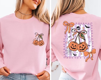 Pumpkin Bow Halloween Sweatshirt, Girls Coquette Bow Sweater, Kids Halloween Pumpkin Crewneck, Retro Pumpkin Sweater,Girls Halloween Sweater