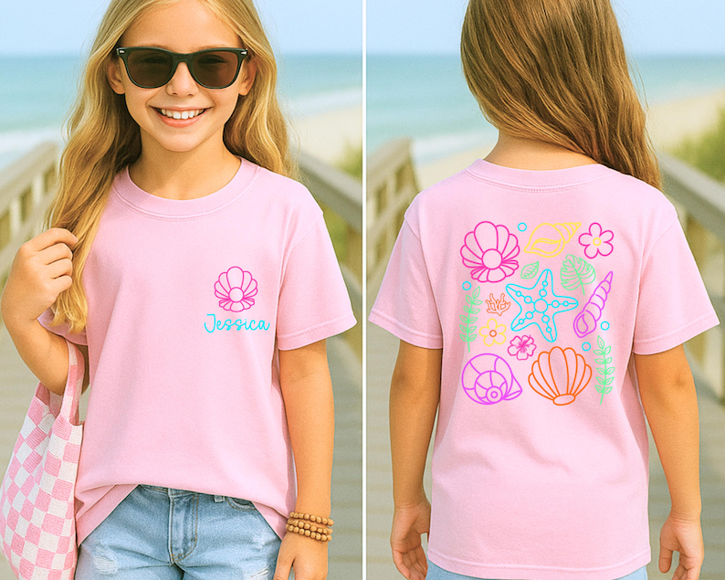 Neon Beach Summer Kids Shirt, Custom Girls Beach T-Shirt, Kids Summer Shirt, Neon Summer Shirt, Beach Shirt, Coastal Seashells Toddler Shirt image 3
