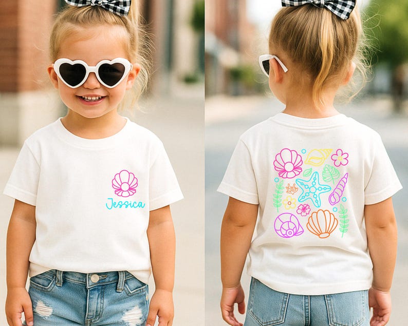 Neon Beach Summer Kids Shirt, Custom Girls Beach T-Shirt, Kids Summer Shirt, Neon Summer Shirt, Beach Shirt, Coastal Seashells Toddler Shirt image 4