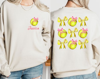 Custom Coquette Softball Sweatshirt, Personalized Softball Sweater with Name,Softball Sweater ,Softball Mama Sweatshirt,Coquette Bows Hoodie