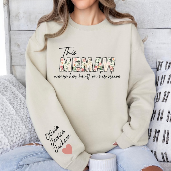 Custom Memaw Sweatshirt, With Kids Name On Sleeve, Personalized Memaw Sweater, Custom Grandma Gift