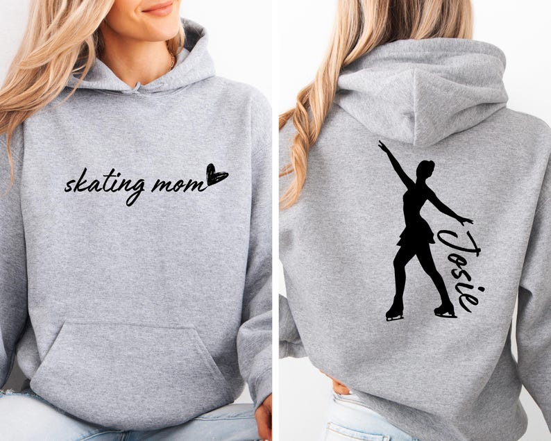 May include: Gray hoodie with the text "skating mom" and a heart on the front. The back of the hoodie has a silhouette of a figure skater with the name "Josie" written next to it.