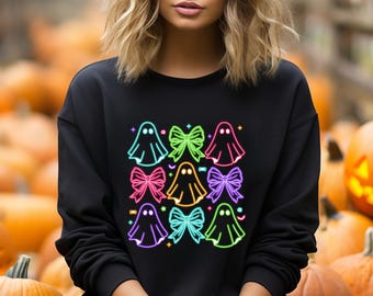 Coquette Halloween Neon Sweatshirt, Halloween Ghost Neon Sweatshirt, Halloween Ghost Hoodie,  Halloween Party Sweater ,Coquette Bow Girls