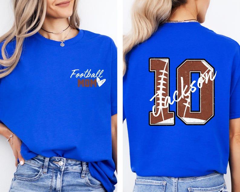 May include: Two royal blue t-shirts. One shirt has the text "Football Mom" with a heart. The other shirt has a brown football with the number "10" and the text "Jackson".