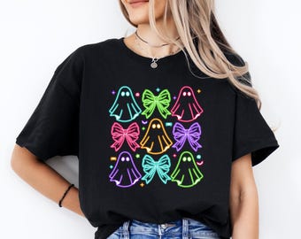 Coquette Halloween Neon T-Shirt, Halloween Ghost Shirt, Halloween Ghost Neon Shirt, Halloween Party Shirt,Pumpkin Tee,Coquette Bow Girls Tee