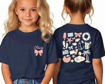Coquette Bow Summer Kids Shirt, Custom Girls Beach T-Shirt, Kids Summer Shirt,  Vacation Shirt, Beach Shirt, Coastal Seashells Toddler Shirt