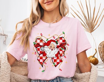 Santa T-Shirt, Santa Claus Coquette Bow Christmas Shirt, Funny Christmas T-Shirt, Christmas Lights Santa Tee, Funny Santa Christmas Shirt