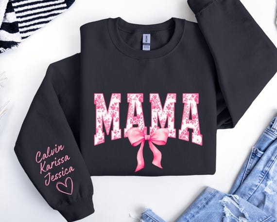 Floral Coquette Bow Mama Sweatshirt, Custom Mama Sweater With Kids Name On Sleeve, Mom Hoodie, Mothers Day Gift for Mom,Pink Toile Bow Mama