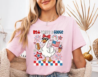 4th of July Girls Shirt,Red White and Goose,Patriotic Goose T-Shirt, Silly Goose Shirt,Goose T-Shirt,America Coquette Tee,Funny July 4th Tee