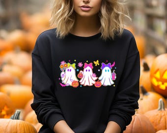 Girls Halloween Ghost Sweatshirt, Ghost Neon Color Halloween Sweater, Halloween Neon Coquette Crewneck,Halloween Party Sweater,Ghost Sweater