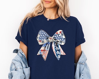 Coquette USA Bow T-Shirt,Patriotic Bow Shirt,Kids 4th of July Shirt,Stars Stripes USA Tee,4th of July Shirt Women,American Tee,USA Bow Shirt