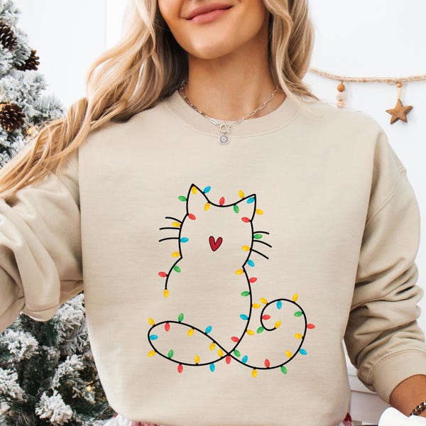 Cat Christmas Lights Sweatshirt, Cute Cat Christmas Sweater,Cat Mom Christmas Gift,Funny Christmas Sweater,Funny Xmas Hoodie,Cat Mom Sweater