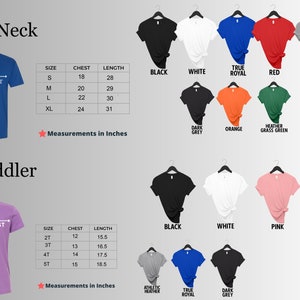 May include: A size chart for V-neck and toddler t-shirts. The chart shows the size, chest measurement in inches, and length in inches for each size. The chart also shows the different colors available for each size.