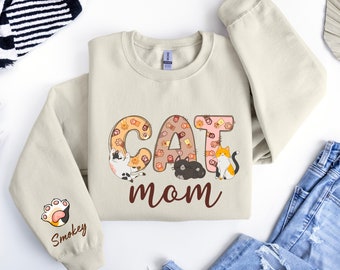 Custom Cat Mom Sweatshirt, Custom Cat's Name On Sleeve, Cat Lover Hoodie, Cat Mom Personalized Gift, Cat Mom Sweater, Custom Cat Sweatshirt