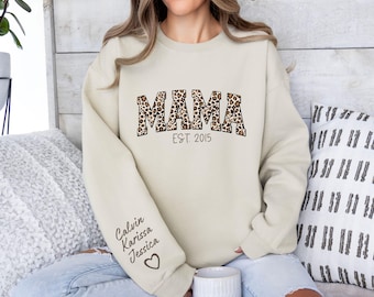 Mama Est Sweatshirt, Custom Mama Sweater With Kids Name On Sleeve, Leopard Mama Sweater, Mama Sweater,Mama Est 2025,Mothers Day Gift for Mom