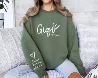 Custom Gigi Sweatshirt, Gigi Sweater, With Kids Name On Sleeve, Personalized Gigi Sweater, Custom Grandma Gift, Gigi Gift, Custom Gigi Gift