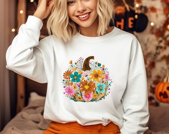 Autumn Pumpkin Sweater,Floral Pumpkin Sweatshirt, Boho Fall Pumpkin Sweater,Girl Pumpkin Fall Sweater,Fall Season Sweater,Retro Fall Flowers