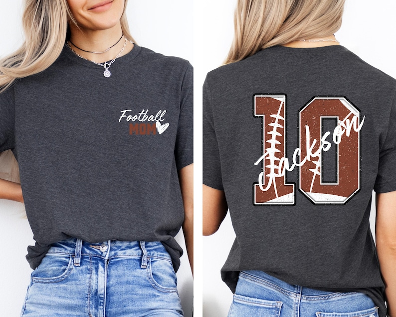 May include: Two t-shirts, one with the text "Football Mom" and a heart, the other with a football jersey design with the number "10" and the name "Jackson".