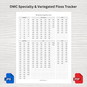 Puede incluir: Una hoja impresa en blanco titulada "DMC Specialty & Variegated Floss Tracker" con una cuadrícula de casillas y texto. El documento incluye secciones para variaciones de color, efectos de luz, satén y otros. Un icono JPG y PDF se encuentra en las esquinas inferiores.