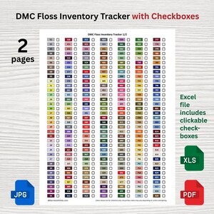 Rastreador de inventario de hilo DMC con casillas de verificación (2 páginas) / Lista de verificación de hilo DMC imprimible / Archivo de Excel con casillas de verificación seleccionables (PDF y JPG)