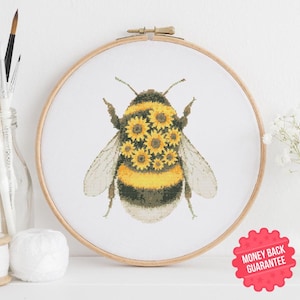 Watercolor Bumble Bee cross stitch pattern Bumble Bee with Flowers cross stitch Bumble Bee cross stitch Animal xstitch Pattern Insect bee