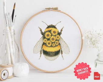 Watercolor Bumble Bee Cross Stitch Pattern, Floral Wings (PDF Pattern)