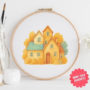 Pastel Village House Cross Stitch Pattern, Cottage Core Embroidery Design, Modern Cross Stitch PDF, DIY Home Decor, Instant Download