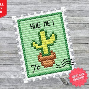 Patrón de punto de cruz con sello postal Whimsical Cactus Hug: descarga instantánea en formato PDF en formato Mini Xstitch