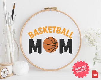 Patrón de punto de cruz de mamá de baloncesto en llamas - Descarga en PDF - Arte moderno de aro de punto de cruz - Regalo fácil de hacer para mamás