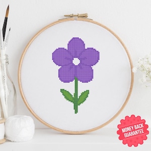 Purple Flower Cross Stitch Pattern PDF – Enchanted Violet Bloom - Easy Floral Needlepoint for Beginners - DIY Embroidery Decor