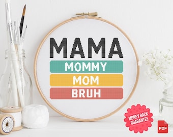Patrón de punto de cruz &quot;Mamá, Mamá, Hermano&quot; - PDF divertido sobre maternidad moderna - Diseño de bordado para principiantes - Descarga instantánea de arte mural