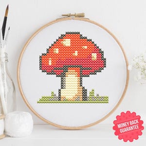 Petit champignon au point de croix - Tableau des champignons rouges pour débutants - Mini broderie forêt Aida 14 points PDF