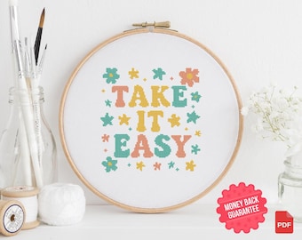 Retro bloemen 'Take It Easy'-kruissteekpatroon (pdf)