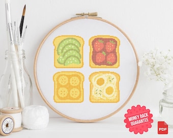 Avocado & Egg Toast Cross Stitch Pattern – Cute Food Embroidery PDF – Kitchen Wall Decor – Breakfast Stitch Chart
