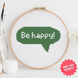 Korsstygnsmönster med pratbubbla och "Be Happy": Enkelt DIY-broderi (PDF-mönster)