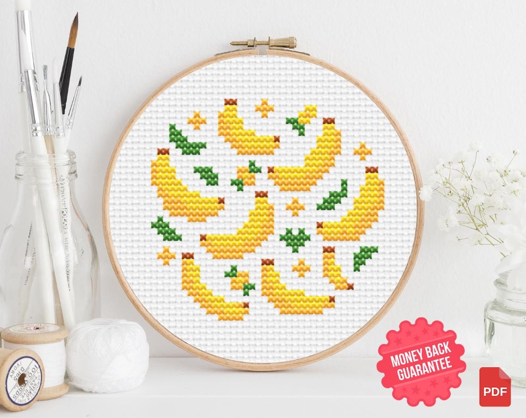 バナナミニクロスステッチパターン - 簡単なフルーツ刺繍（PDFパターン