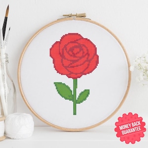 Red Rose Cross Stitch Pattern PDF – Floral Embroidery Design – Easy Digital Download for Beginners - Scarlet Rose – Red Flower xStitch