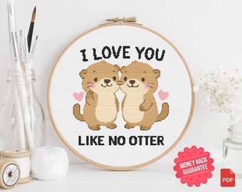 Adorable Otter Couple Cross Stitch Pattern – 'I Love You' Design (PDF Pattern)