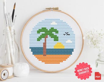 Palm Tree Cross Stitch Pattern – Tropical Beach Sunset (PDF Pattern)